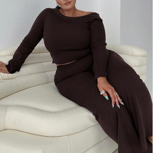 <span class=keywords><strong>Pantaloni</strong></span> <span class=keywords><strong>a</strong></span> Zampa in Maglia <span class=keywords><strong>a</strong></span> <span class=keywords><strong>Coste</strong></span> Marrone Taglie Forti da Donna, <span class=keywords><strong>Pantaloni</strong></span> Casual <span class=keywords><strong>a</strong></span> Vita Alta, Set Coordinato, Abbigliamento Caldo per Autunno e Inverno - Product Image 1