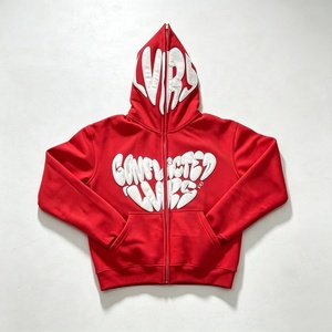 Felpa Corta da <span class=keywords><strong>Uomo</strong></span> con Zip Integrale e Ricamo 3D a Cuore Fiammeggiante, Cerniera in Metallo per Streetwear Hip Hop Personalizzato OEM - Product Image 4