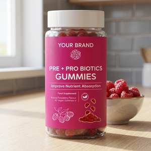 Gummies prébiotiques et probiotiques de qualité supérieure, saveur framboise naturelle, texture moelleuse et masticable, contenant scellé, complément alimentaire - Product Image 5