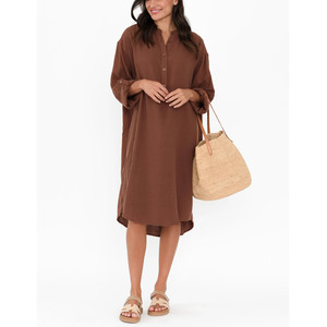 100% Cotton Thư Giãn Ăn Mặc Áo Choàng Áo Choàng Dài Áo Sơ Mi Ăn Mặc Cho Phụ Nữ Mô Hình Rắn Giá Cả Cạnh Tranh Đồng Bằng Nhuộm Dệt Nút - Product Image 3
