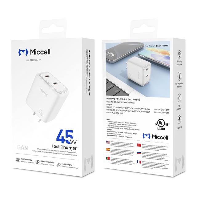 Miccell Wholesale GaN 45W Mobile Phone Chargers 2 Type c Wall Fast Charging Pots c to c Phone Charger for Iphones&xiaomi,huawei