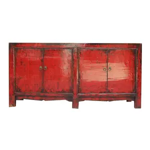 Chinese antique classic rustic living room red painted four door Dongbei cabinet sideboard