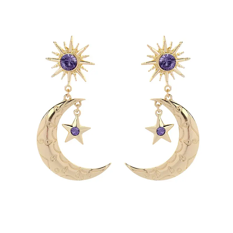 Purple Crystal Gold Jewellery Designs Greek Moon Star Earrings