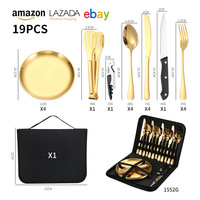 Ensemble de couverts en acier inoxydable 403 pour le camping en plein air, barbecue, luxe léger, minimaliste, portable, couteau à steak, fourchette, cuillère, or/argent