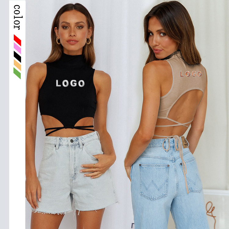 Custom Logo Summer Ladies Black Sleeveless Backless Ribbed High Neck Crop Top Sexy Bandage Women Tank Top