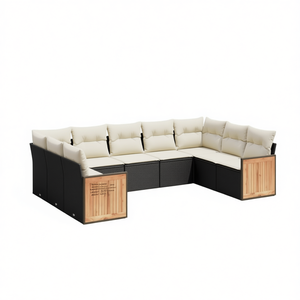 Ensemble de canapés de jardin en rotin noir avec coussins crème, 6 places, mobilier d'extérieur résistant aux intempéries, design contemporain, bois de teck - Product Image 1