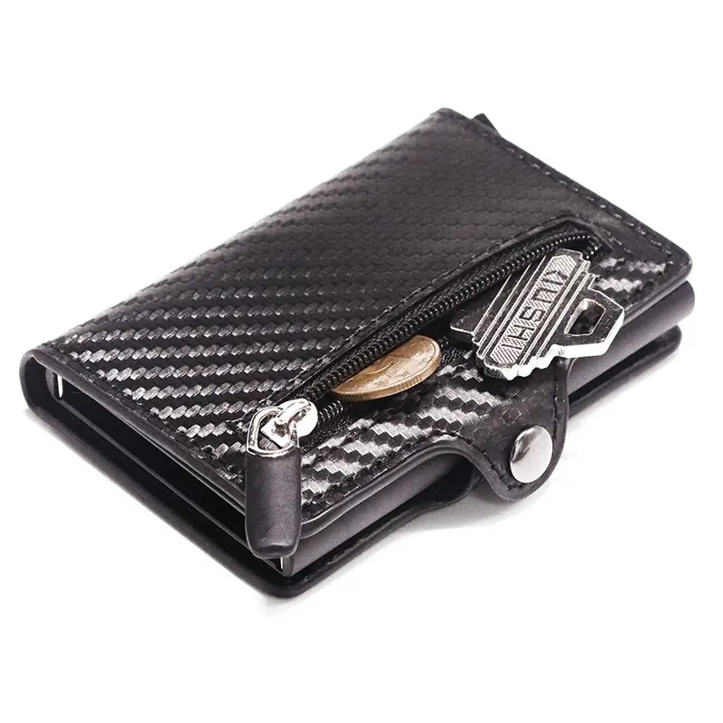 2020 New Product RFID Metal Carbon Fiber PU Credit Card Holder Wallet With Zipper Coin Pocket