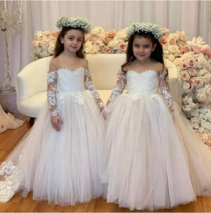 Illusion Puffy Lace Lovely Flower Girl Vestidos para bodas Vestidos de graduación <span class=keywords><strong>Manga</strong></span> larga Niños Cumpleaños Vestido de comunión - Product Image 5