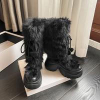 Vente en gros Bottes de neige mi-mollet noires pour femmes Bout rond en cuir de vachette et fourrure avec détail de coeur à lacets Talon de 7cm Plateforme de 5cm