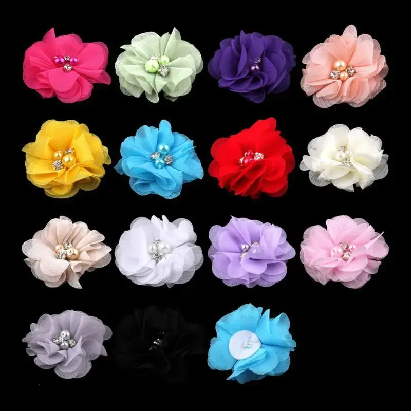 10 unids/set 30 colores Flor de gasa Artificial + diamantes de imitación y perlas para niñas accesorios para el cabello flores de tela para diademas