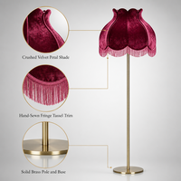 Lampadaire victorien en velours E26, rouge bordeaux, avec abat-jour à franges festonnées en forme de pétales, en laiton, pour salon, chambre et bureau