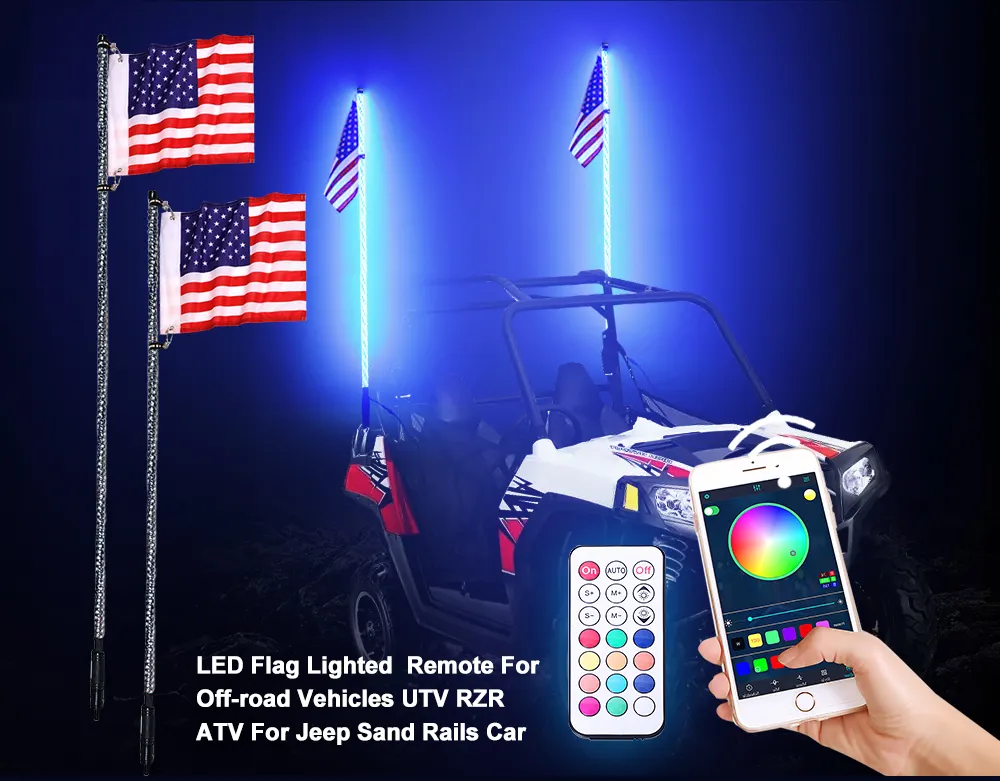 Poste de bandera en espiral de 3 4 pies y 5 pies, luz Led RGB de 360 grados para vehículo todoterreno Polaris SXS RZR UTV