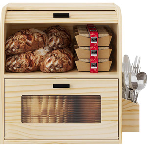 Wooden Bread <b>Storage</b> <b>Box</b> Double Layer With <b>Drawer</b> And Cutlery Holder Natural Wood Color Flip Top Design - Product Image 1