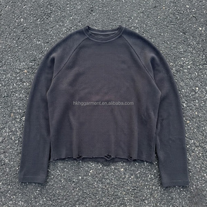 High quality 100% Cotton <b>waffle</b> thermal fabric for Men Custom Men's Long <b>shirt</b> Blank Distressed for men Crew Neck Long <b>shirt</b> - Product Image 3