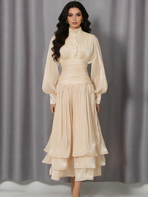 YQ New Arrivals Ramadan 2026 Spring New Elegant Retro Style Lantern Sleeve Buckle Ruffle Woolen Washable Maxi A-Line Casual