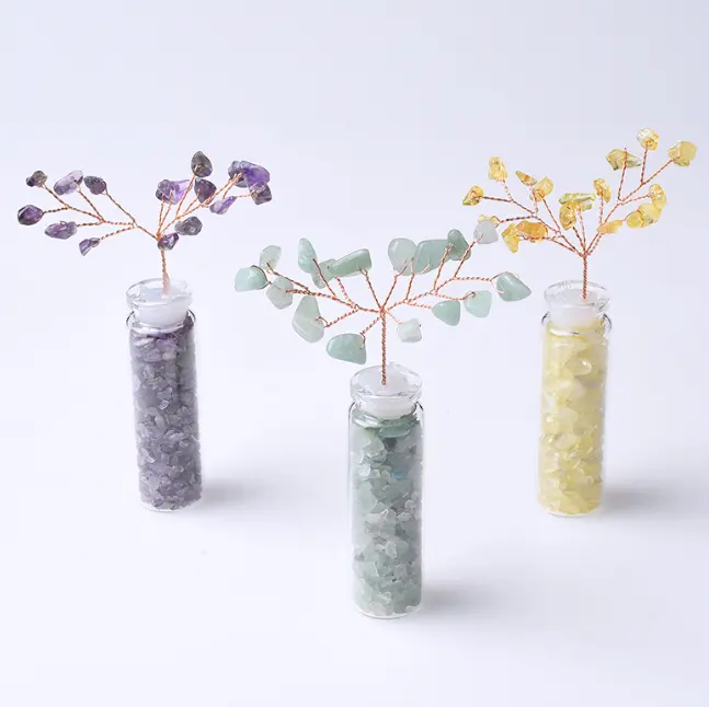 Yeni tasarım şanslı Mini kristal isteyen şişe cam Citrine ametist kuvars çakıl taş para ağacı dekoratif süsler