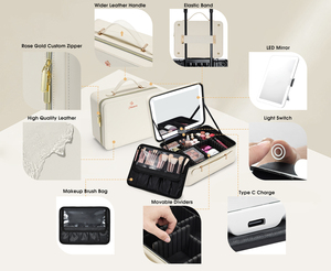 Large <b>Makeup</b> <b>Case</b> with LED Mirror Travel <b>Makeup</b> Bag Leather Cosmetic Bag with Adjustable Dividers Brush Holder - Product Image 5