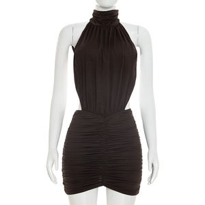 Robe pour femme Viviblook J26DS292, nouvelle robe moulante mini plissée sans manches, couleur unie, décontractée, dos nu - Product Image 1