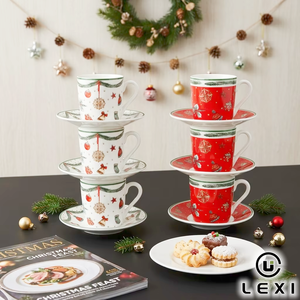 Juego de Tazas y Platos de Porcelana Moderna LEXI, Duraderos, Navideños, 6 Colores Personalizables, Logotipo, Diseño de Guirnalda y Estrellas, para el Hogar y las Fiestas - Product Image 1
