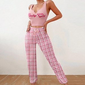 BabyGirl European and American Cross-border Home Wear <strong>Vest</strong> Color-block Plaid Trousers Letter Print <strong>Top</strong> Women's Pajamas - Product Image 6