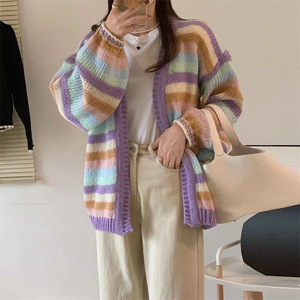 <b>Rainbow</b> Striped Knit Cardigan Women Loose Fit Color Block <b>Sweater</b> Coat Autumn Korean Style One Size Purple And Pink - Product Image 1