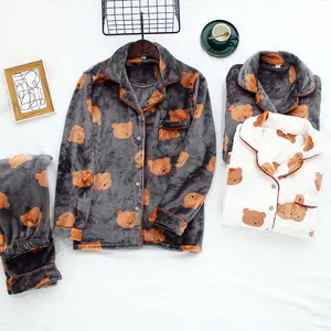 Домашняя одежда унисекс, фланелевая Домашняя одежда с принтом медведя, женский и мужской пижамный комплект для сна