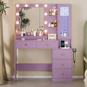 Moderno y Duradero Tocador <span class=keywords><strong>de</strong></span> Madera Ajustable para Dormitorio con Espejo, Luces, Mesa <span class=keywords><strong>de</strong></span> <span class=keywords><strong>Maquillaje</strong></span>, 5 Cajones, Enchufe y Silla - Product Image 1