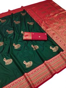 Green Silk <b>Saree</b> With Peacock Embroidery <b>Red</b> Border with Blouse Material For Wedding And Festival Wear - Product Image 2