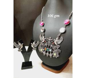 Latest Silver Plated Necklace Set Women's Hindu Wedding Wear Fashion Pendant Necklaces <b>Elephant</b> Design Quartz Stone - Product Image 2