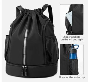 Sport Gym Bag <b>Drawstring</b> <b>Backpack</b> Beach Bag for Men Women with Shoe Compartment and Reflective Strips - Product Image 2