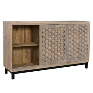 Vintage Reclaimed Indian Wooden Sideboard Buffet <b>Cabinet</b> with Three Honeycomb Geometric Cutwork Doors <b>Black</b> Metal Legs - Product Image 2