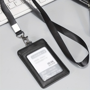 Detachable Neck Lanyard Strap Vertical PU Leather <b>ID</b> Badge Card <b>Holder</b> with Clear <b>ID</b> Window and Retractable Badge Reel - Product Image 2