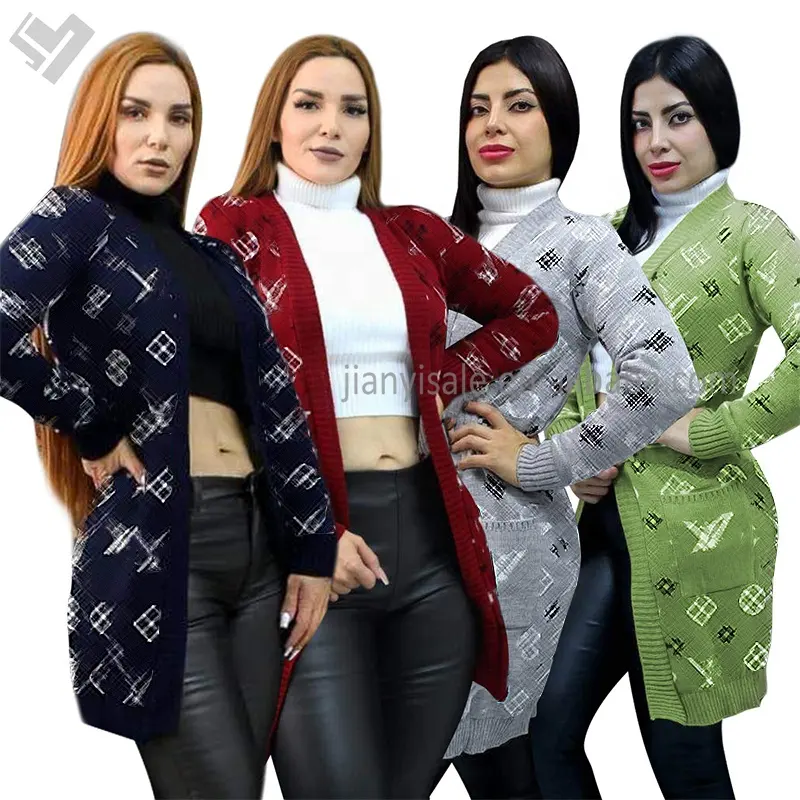 Célèbre marque femmes automne hiver luxe vêtements contraste couleur tricoté Cardigan concepteur imprimer à manches longues pull manteau et veste