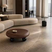 Table basse ronde moderne en bois grainé avec pieds sphériques pour salon, appartement, hôtel, espace intérieur