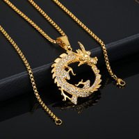 Pendentif Dragon en Acier Inoxydable 316L Or avec Cristaux CZ Pavés, Collier Chaîne Boîte Mythique Chinoise, Bijoux Homme Femme Personnalisé OEM