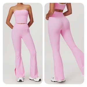 Oem & ODM Squat-proof phía trước chia thông qua chắp vá tập luyện mềm hoạt động tương phản-trim tập thể dục Loe Quần cho phụ nữ - Product Image 6