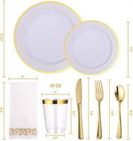 Service de vaisselle jetable 175 pièces, vaisselle de luxe dorée, ensembles d'assiettes à dîner