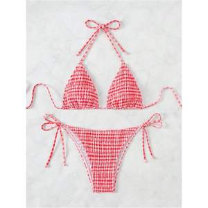 Ensemble de bikini personnalisé pour femme à carreaux gingham, maillot de bain deux pièces à nouer, dos nu, triangle, avec liens latéraux, en élasthanne extensible et polyester - Product Image 4