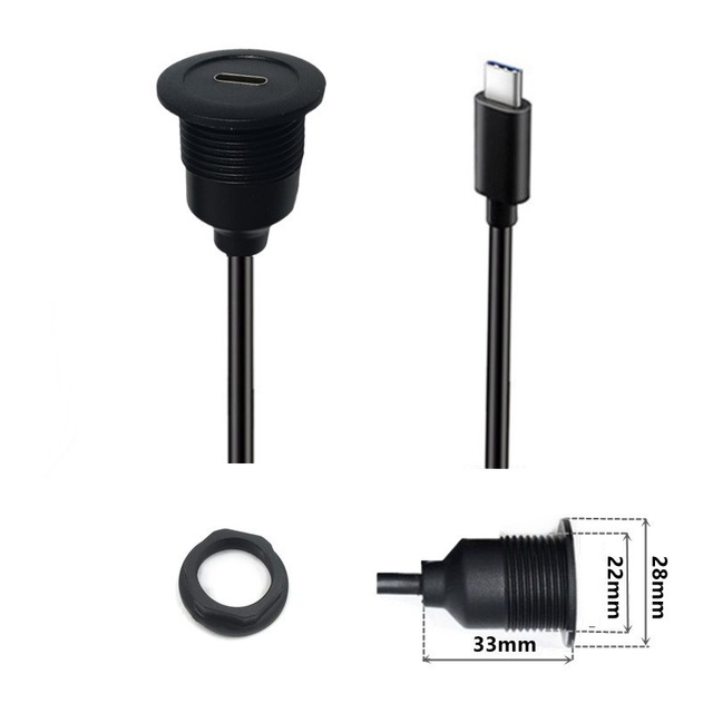 TYPE-C Panel Female Socket 30cm Length with Front Installation Male Straight Plug with Thread USB3.0 Circular Connector
