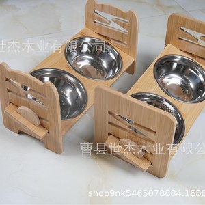Soporte de madera para tazones de mascotas, doble tazón de acero inoxidable, marco ajustable para alimentar gatos y perros, comedero de madera maciza - Product Image 4