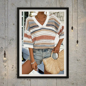 Dames Casual Gehaakte Gebreide Trui Zijden Met Korte Mouwen En Korte Mouwen, Holle Gestreepte Tops Strandvakantie Cruise-Outfits - Product Image 3
