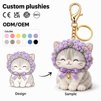 Gantungan Kunci Boneka Kucing Lavender Kustom Abu-abu Dengan Topi Bunga Ungu, Pita Ungu, Bordir Logo Kustom, Kotak Hadiah Mewah