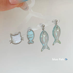 มหาสมุทรสีฟ้ารูปปลาแมวสแตนเลสโบฮีเมียนหมั้นต่างหูควอตซ์เรียบง่ายเย็นน่ารักการ์ตูนเข็มเงิน - Product Image 2