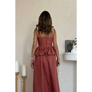 ชุดราตรีผ้าลินินโมคก้าเอวทรงเอ็มไพร์ ระบายช่วงเอว ทรงเอไลน์ สายเดี่ยว ระบายอากาศได้ดี ชุดเดรสยาว - Product Image 1