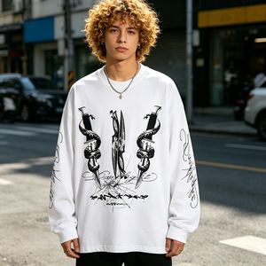 T-shirt a Maniche Lunghe Oversize in Cotone 100% di Alta Qualità con Stampa a Ragnatela, Produzione Personalizzata per Uomo e <span class=keywords><strong>Donna</strong></span> - Product Image 2
