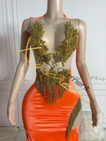 Ocstrade Chaîne Gland Moulante Robe de Soirée pour Femmes Or Strass Corsage Applique Longue Formelle Robes De Bal Femmes Dame Élégante