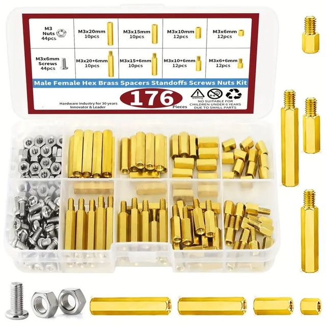 OKYN251030-16 DIY Electronics Hardware Kit 176pcs M3 Brass Spacers Pillars and Screws for Motherboard and PCB Projects
