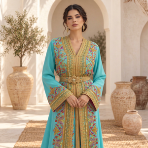 Caftán Marroquí Turquesa Mishkat Couture con Bordado Dorado, Mangas Largas y Cinturón Dorado, Vestido Largo de Terciopelo Color Ciruela para Fiesta - Product Image 1