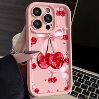 Coque de téléphone portable tendance avec nœud cerise pour iPhone 16 15 17 18 Pro Max 14 13, couleur bonbon, givrée, antichoc, protection arrière