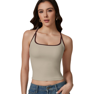 <b>Women</b> Premium Halter Cami Backless Slim Fit Ribbed Knitted Short Sleeveless Summer Wear Tank Top - Product Image 1